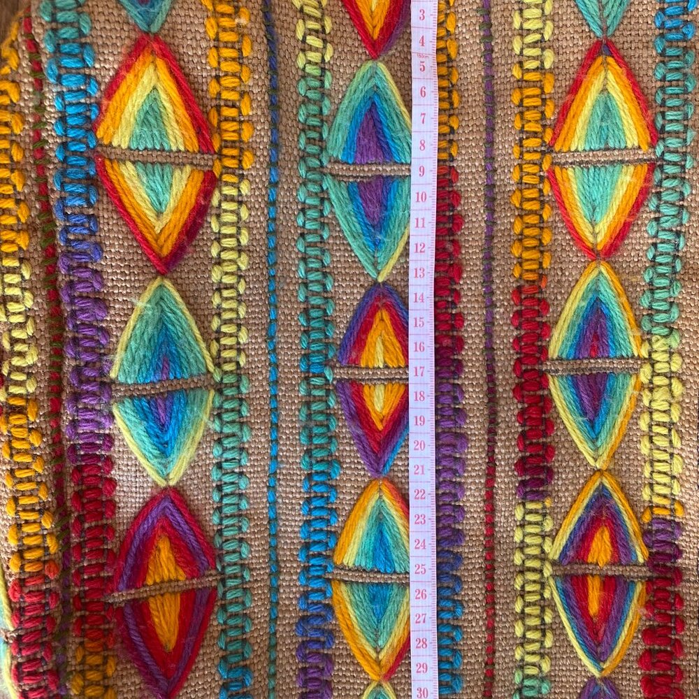 Vintage Handcrafted Burlap Tote Bag | Yarn Embroidered Rainbow - Picture 6 of 10